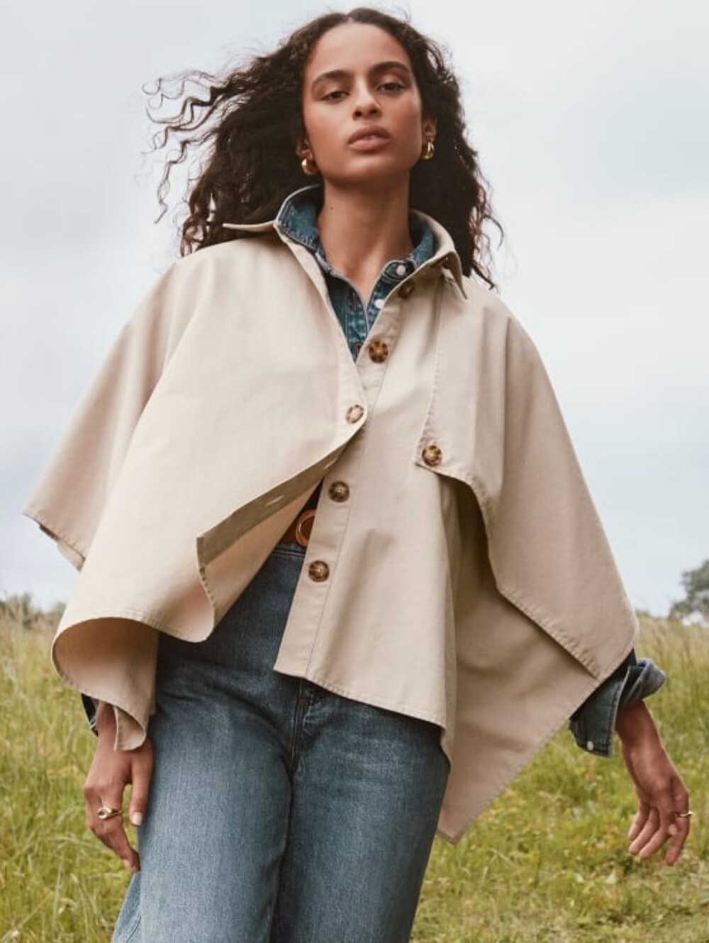 LOFT Sandstone Beige Button-Front Cape Jacket
